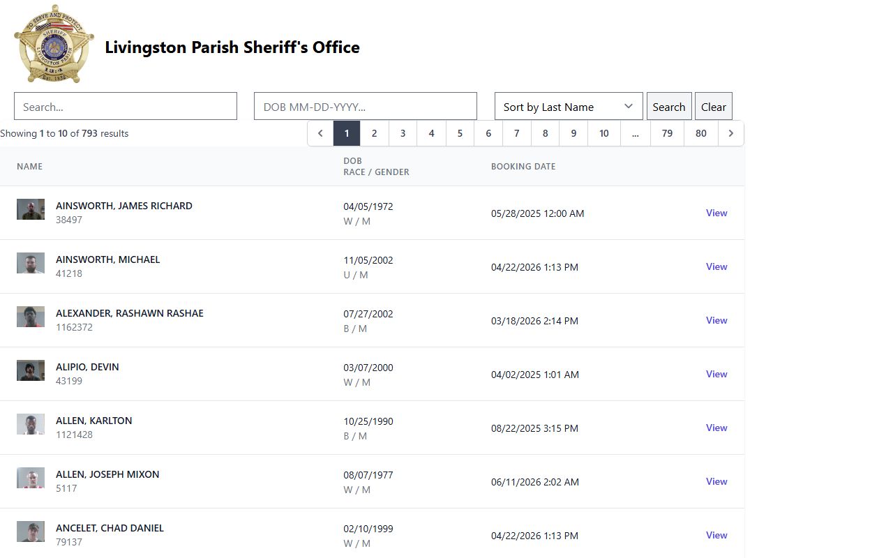 Livingston Parish County inmate population jail roster search results